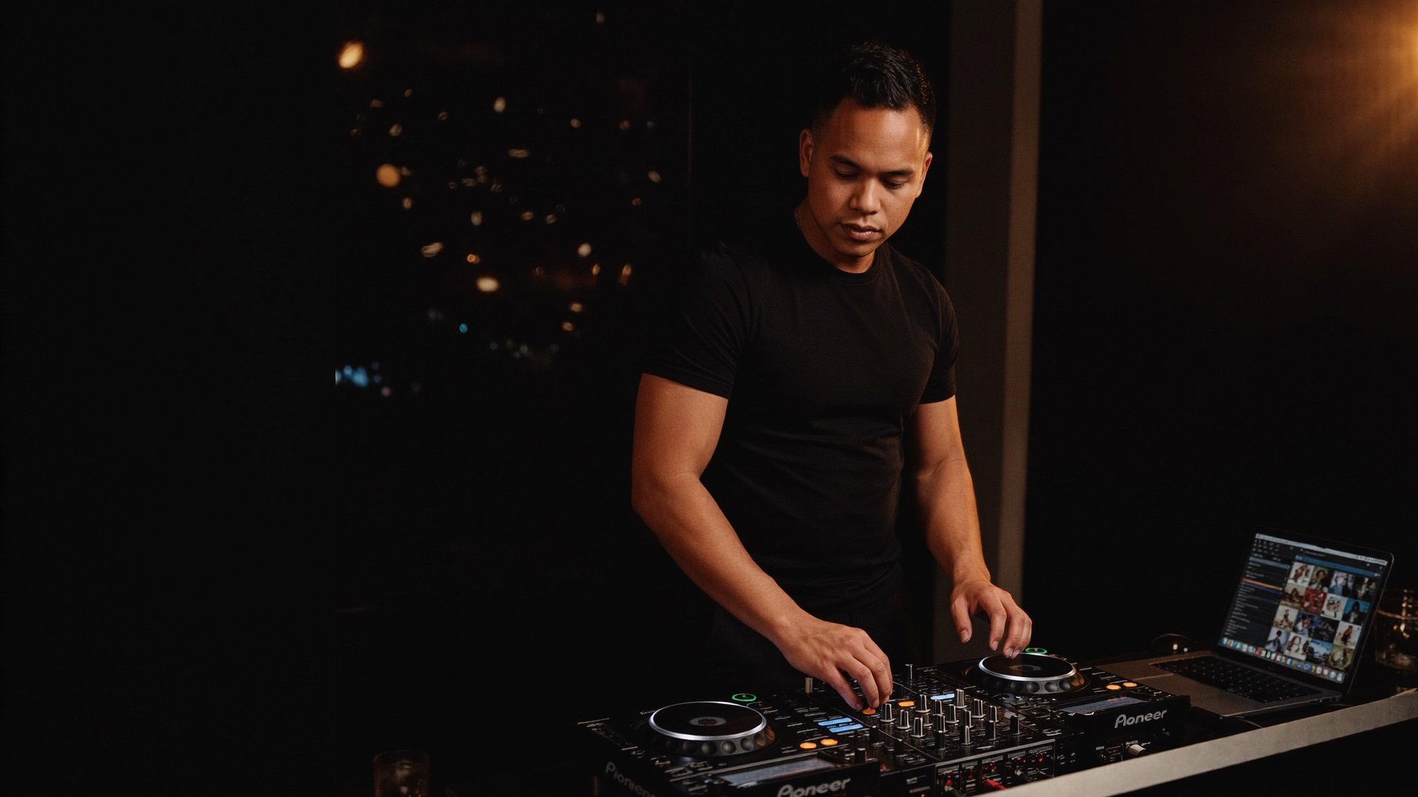 DJ MOJOE at the decks in a dark room with warm gold lighting