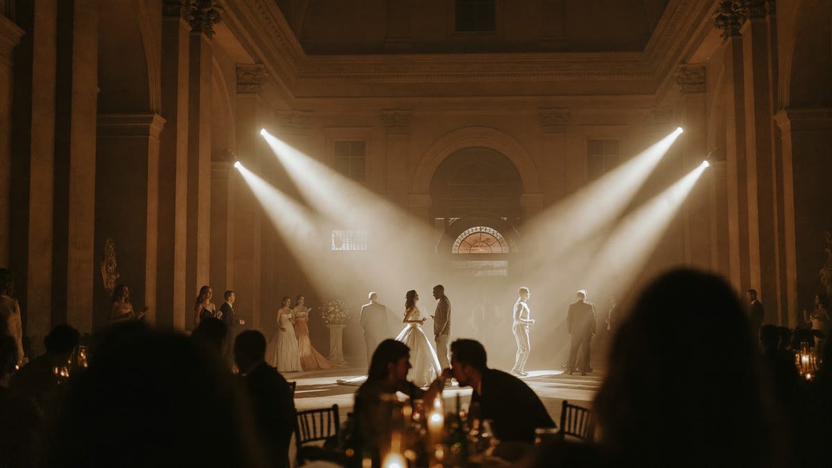 First dance under crossed light beams at a grand museum gallery wedding reception