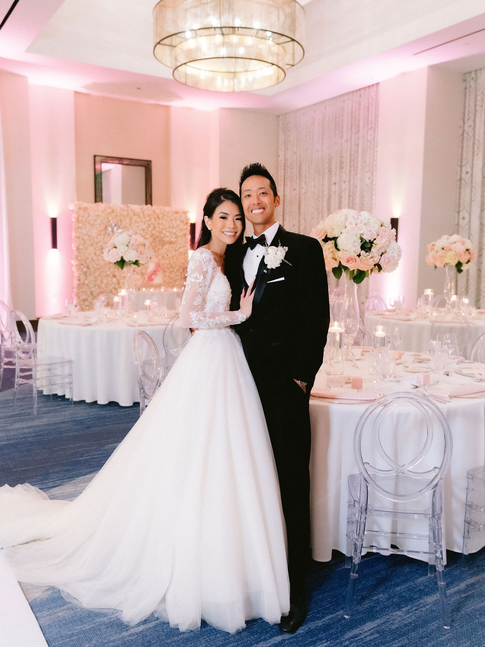 Mai and Olivier's uplit reception at The Waterfront Beach Resort in Huntington Beach